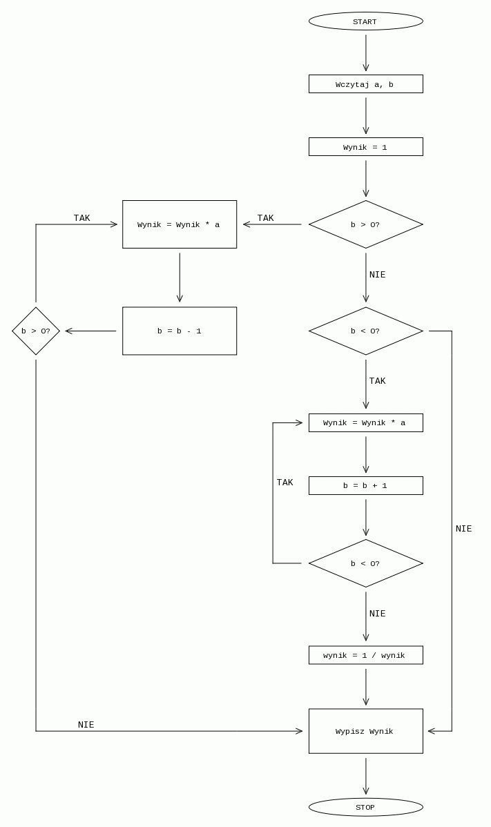 schemat blokowy - potęgowanie z wykładnikiem całkowitym